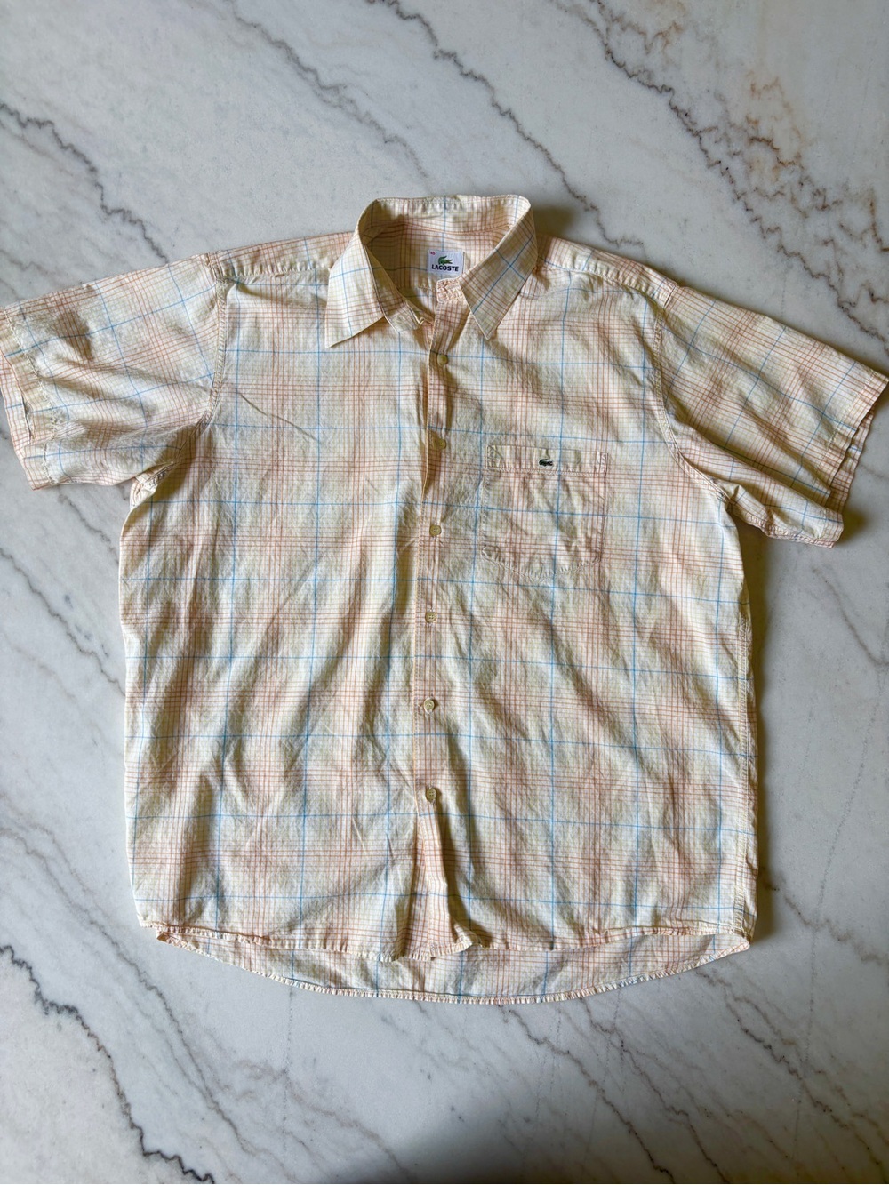 Lacoste Men's Short-Sleeve Pastel Plaid Button-Down Shirt - Yellow and Orange